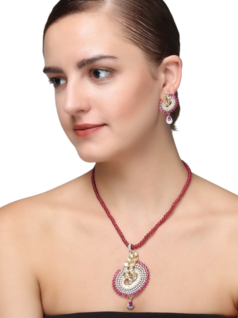 

Adwitiya Collection 24 CT Gold-Plated Pink & White CZ & Ruby Studded Pearl Beaded Antique Jewellery Set