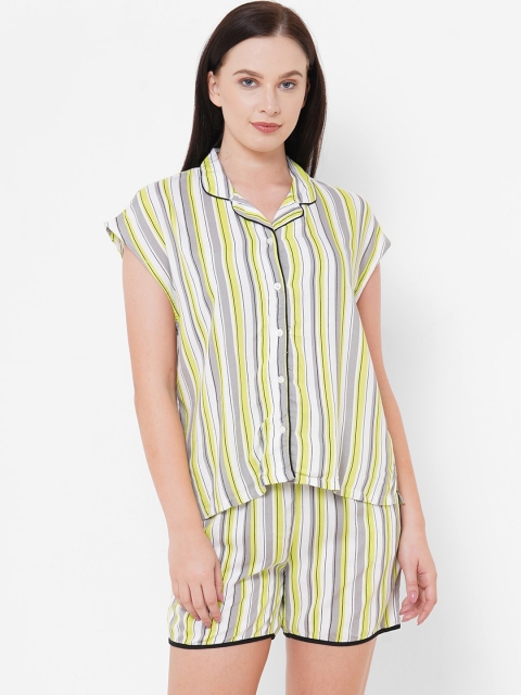

Mystere Paris Women Yellow & Grey Striped Night Suit