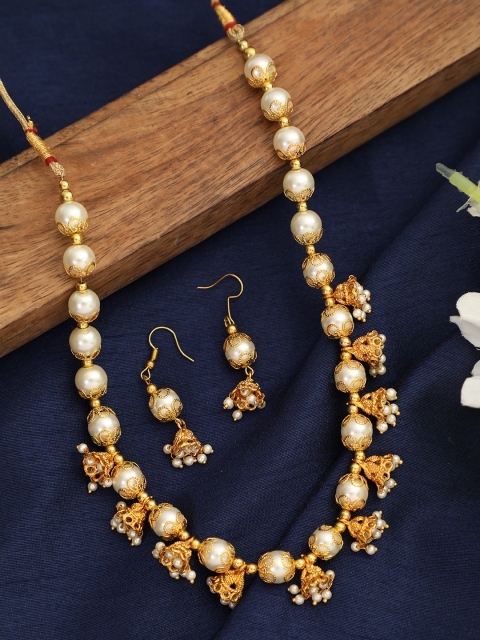 

ANIKAS CREATION Gold-Plated White Pearl Beaded Handcrafted Jewellery Set