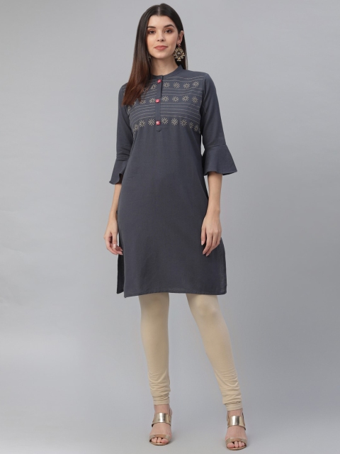 

nesara Women Grey Ethnic Motifs Embroidered Bell Sleeves Kurta