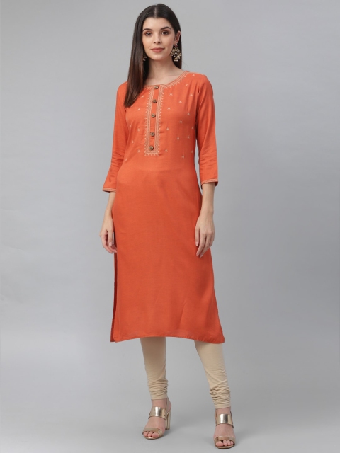 

nesara Women Orange Ethnic Motifs Embroidered Kurta