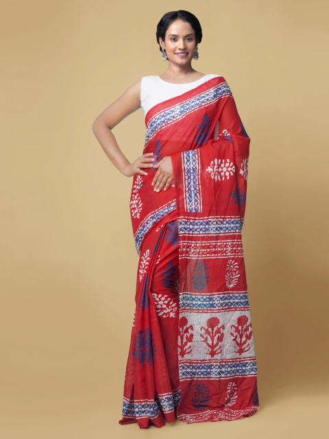 

Unnati Silks Red & Blue Pure Cotton Printed Dabu Handloom Saree
