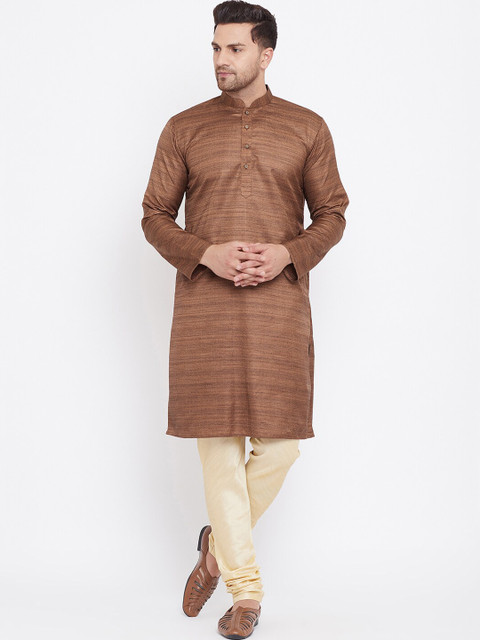 

VASTRAMAY Men Brown & Gold-Toned Solid Kurta with Churidar