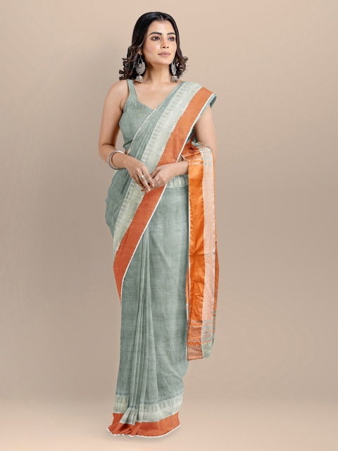 

BharatSthali Grey & Orange Silk Cotton Solid Maheshwari Handloom Saree