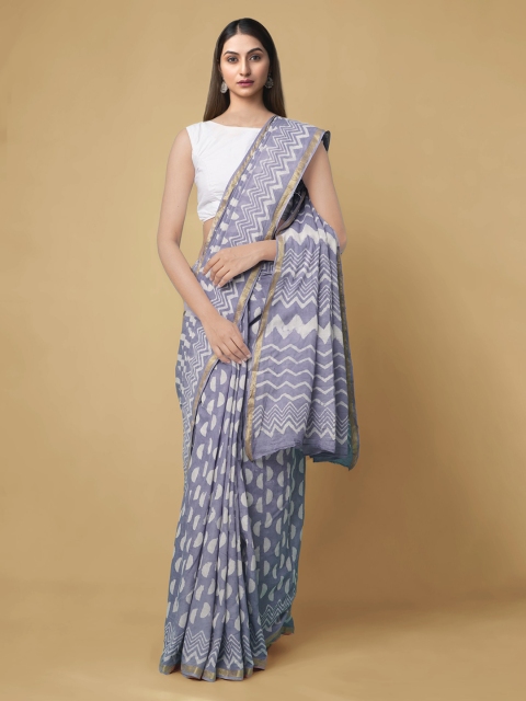 

Unnati Silks Blue & Off-White Pure Cotton Printed Dabu Saree