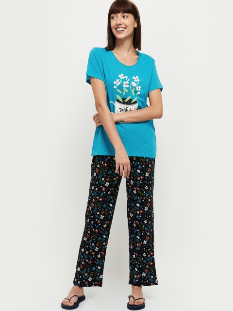 

max Women Blue & Black Printed Night suit