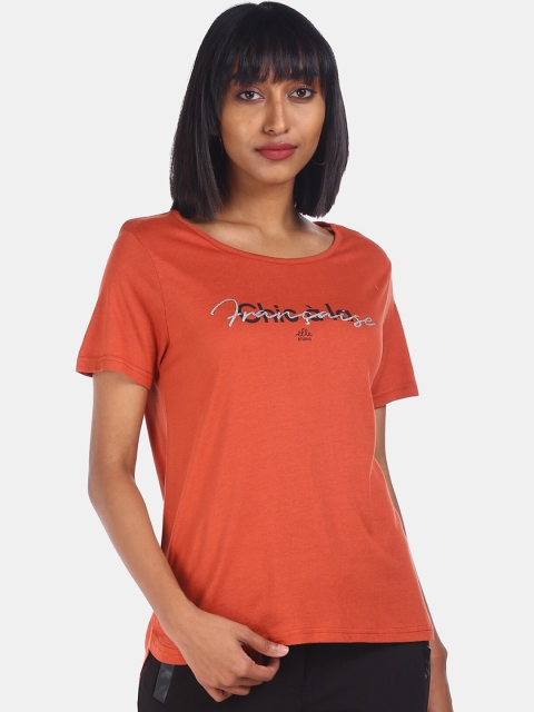 

ELLE Women Rust Orange & Black Printed Round Neck T-shirt