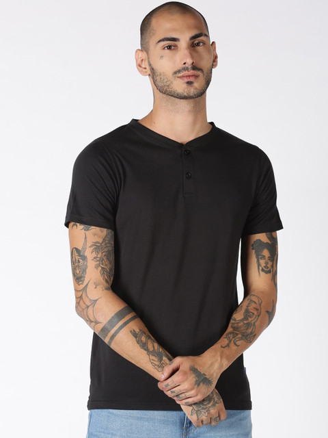 

Blue Saint Men Black Solid Cotton Henley Neck T-shirt