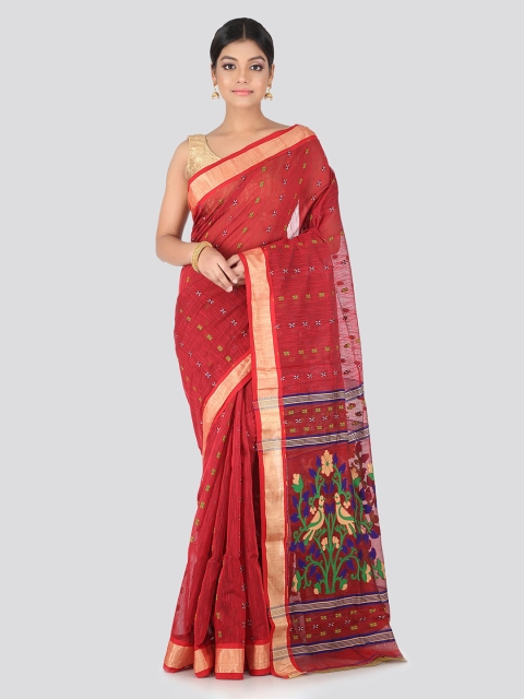 

PinkLoom Maroon Cotton Blend Woven Design Handloom Saree