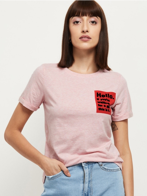 max Women Peach-Coloured Solid Round Neck T-shirt