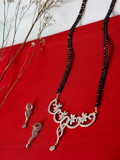 

ZeroKaata Gold-Plated & White AD-Studded & Beaded Handcrafted Mangalsutra Set