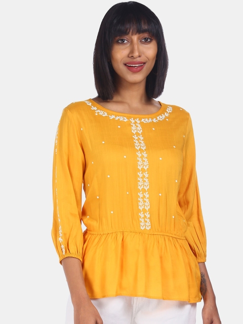 

Cherokee Mustard Yellow Printed Cinched Waist Top