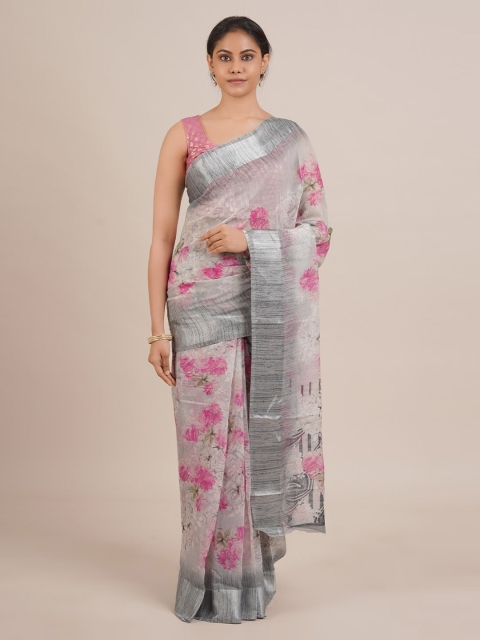 

Pothys Grey & Pink Linen Blend Printed Saree