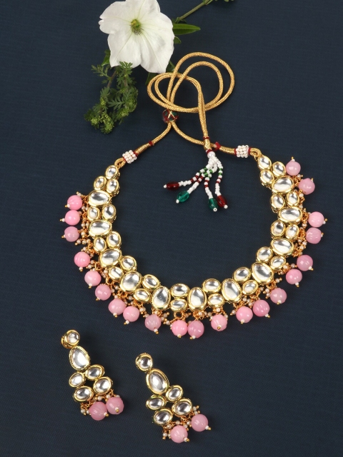

JEWELS GEHNA Gold-Plated White & Pink Kundan-Studded & Beaded Jewellery Set