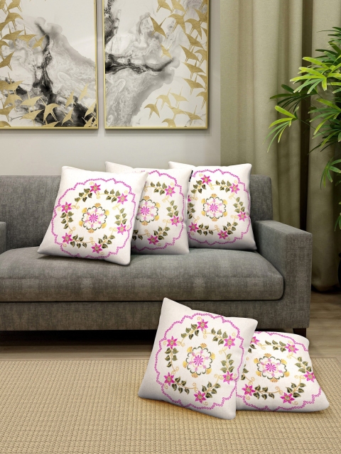 

KLOTTHE White & Pink Set of 5 Embroidered Square Cushion Covers