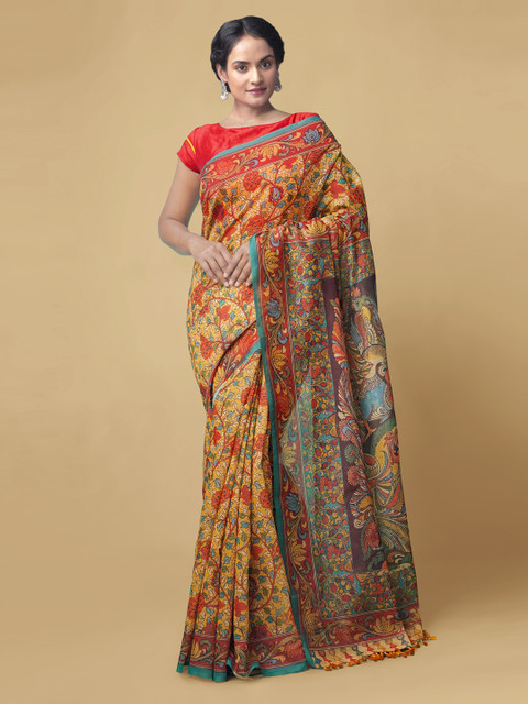 

Unnati Silks Yellow Silk Cotton Printed Kalamkari Chanderi Saree