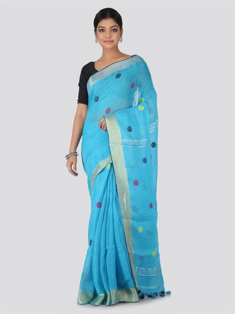 

PinkLoom Turquoise Blue Cotton Blend Woven Design Jamdani Saree