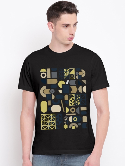 

THREADCURRY Men Black Yellow Printed Round Neck Pure Cotton T-shirt