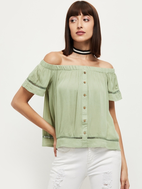 

max Green Off-Shoulder Cold-Shoulder Sleeves Bardot Top