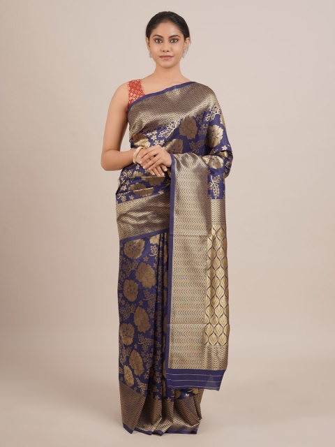 

Pothys Navy Blue & Gold-Toned Jute Silk Woven Design Saree