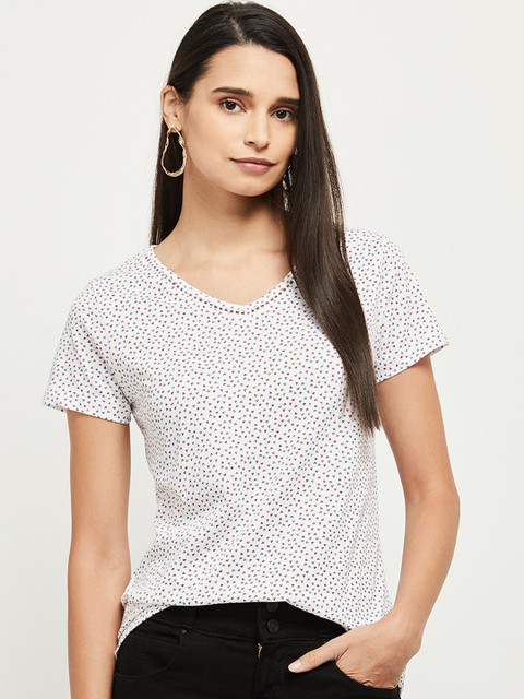 

max Women White Printed V-Neck Pure Cotton T-shirt