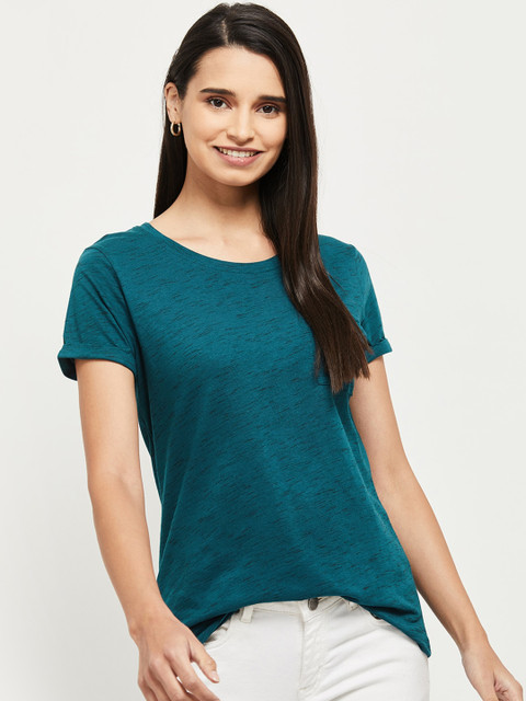 

max Women Teal Blue Printed Round Neck T-shirt