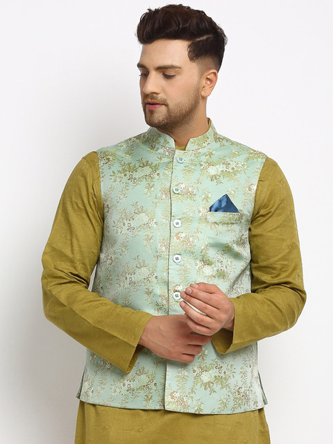 

NEUDIS Men Sea Green & Brown Jacquard Woven Design Nehru Jacket
