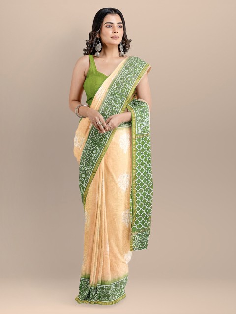

BharatSthali Peach-Coloured & Green Silk Cotton Woven Design Chanderi Saree