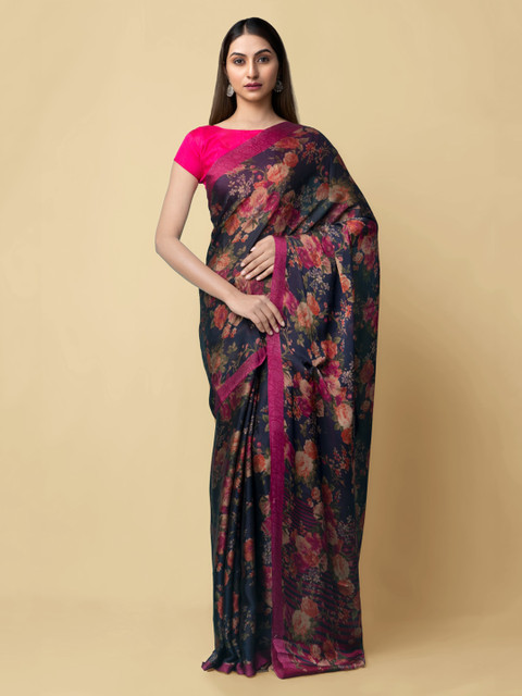 

Unnati Silks Navy Blue Pure Georgette Printed Murshidabad silk Saree