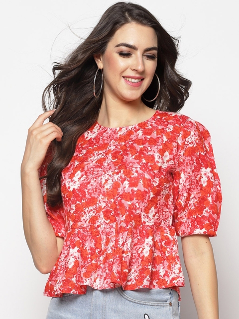 

Sera Pink Floral Printed Puff Sleeves Regular Top