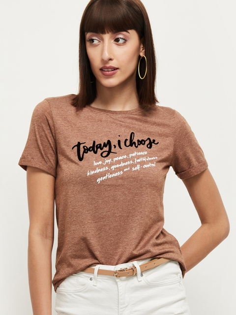 

max Women Brown Printed Round Neck T-shirt
