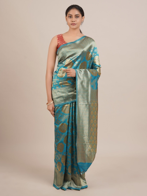

Pothys Turquoise Blue & Gold-Coloured Jute Silk Floral Woven Design Saree