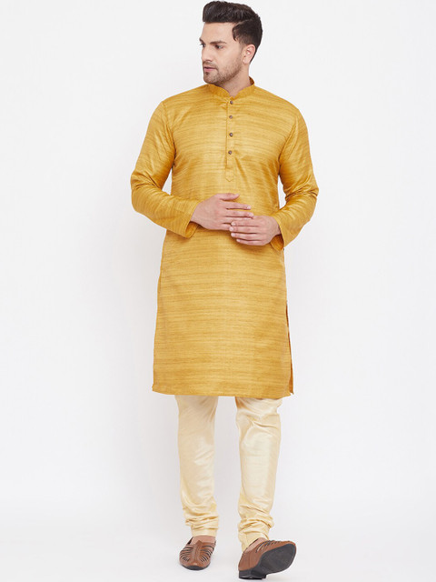 

VASTRAMAY Men Yellow & Gold-Coloured Solid Kurta with Churidar