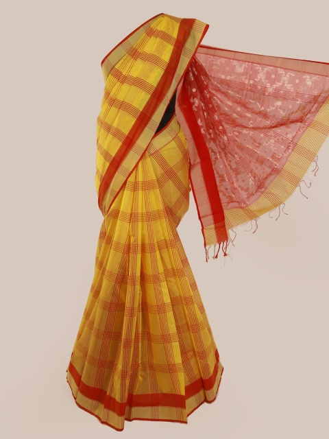 

Pothys Yellow & Red Pure Silk Checked Kanjeevaram Saree