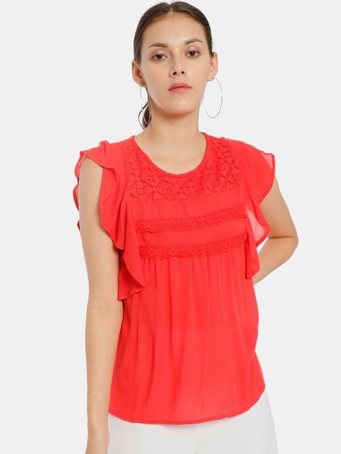 

Cherokee Red Flutter Sleeves Lace A-Line Top