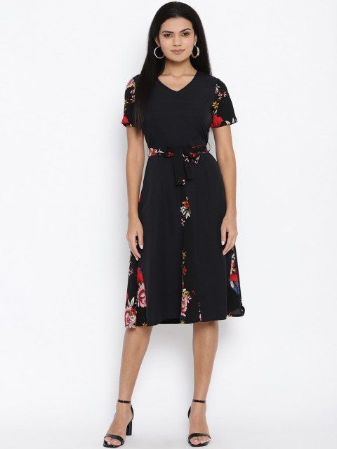 

THREAD MUSTER Women Black Floral Printed A-Line Midi Dress