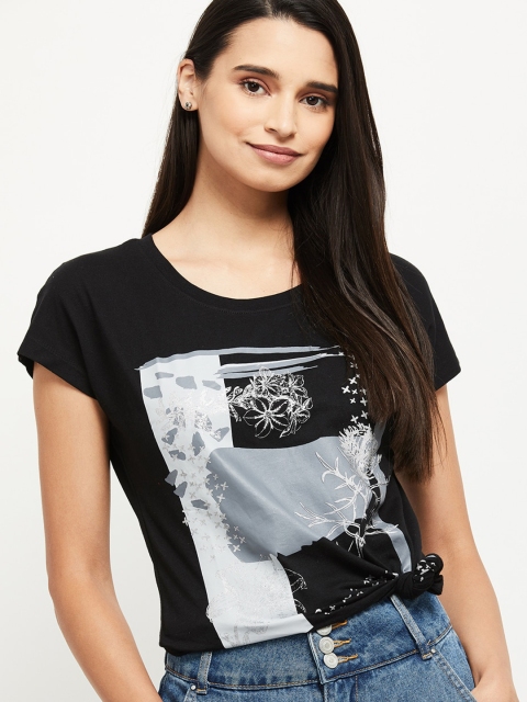 

max Black & Grey Printed Pure Cotton Regular Top