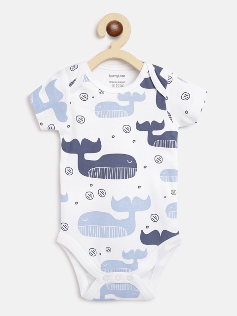 

berrytree Infant Kids White & Blue Printed Organic Cotton Sustainable Bodysuit