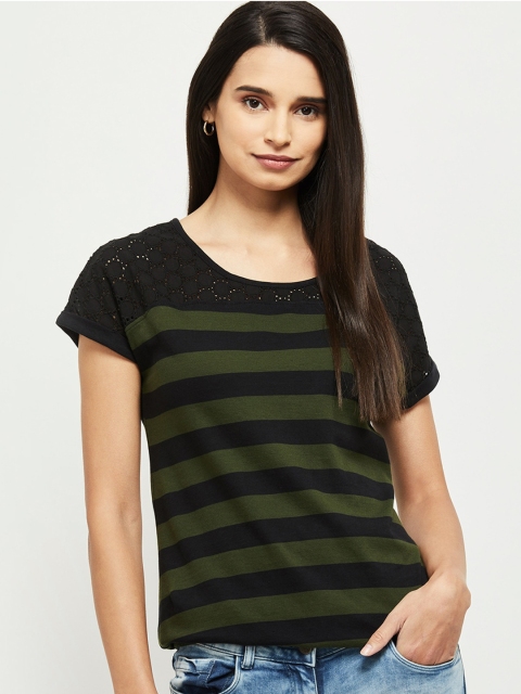 

max Women Green Striped Round Neck Cotton Pure Cotton T-shirt
