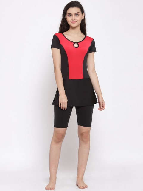 

CUKOO Women Black & Red Colourblocked Swimming Dress With Attached Shorts