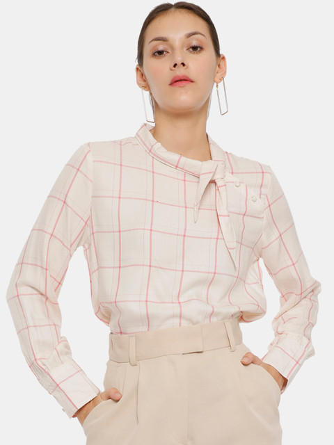 

ELLE Beige & Pink Checked Tie-Up Neck Pure Cotton Regular Top