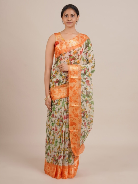 

Pothys Cream-Coloured Printed Linen Blend Saree