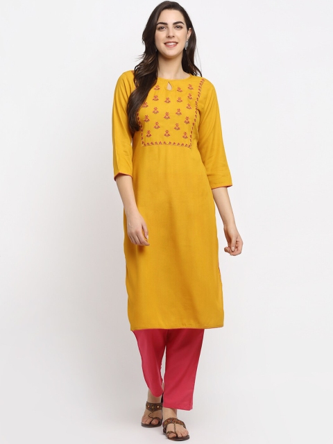 

Rudra Bazaar Women Mustard Yellow & Pink Embroidered Kurta with Pyjamas