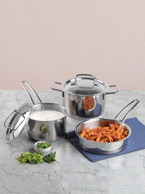 

Vinod Set of 3 Silver-Toned Solid Stainless Steel Cookware Set with 2 Lids