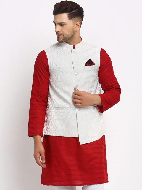 

NEUDIS Men White Jacquard Woven Design Nehru Jacket