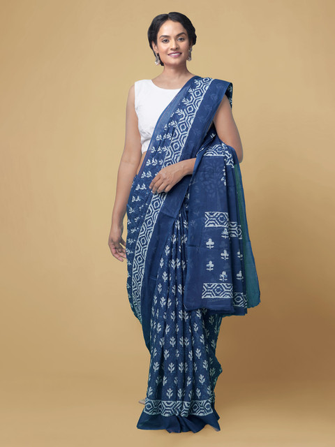 

Unnati Silks Blue Pure Cotton Printed Dabu Saree
