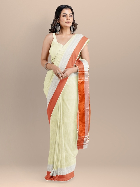 

BharatSthali Cream-Coloured & Red Silk Cotton Solid Maheshwari Handloom Saree