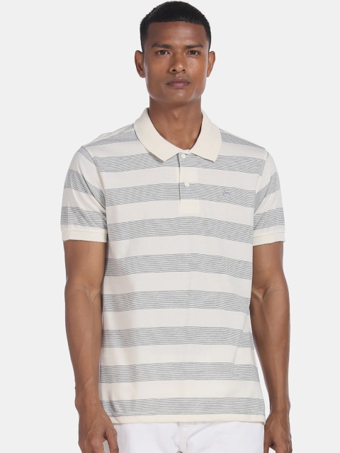 

Ruggers Men Off-White & Grey Striped Polo Collar T-shirt