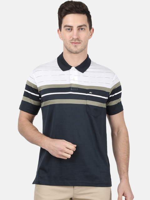 

Monte Carlo Men White & Olive Green Striped Polo Collar T-shirt