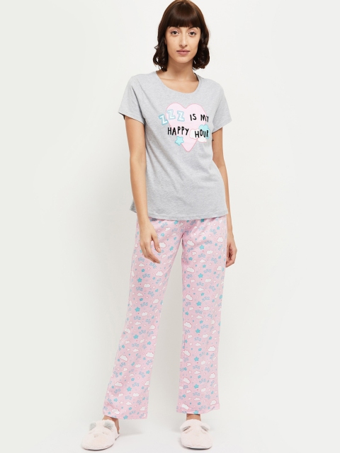 

max Women Grey Melange & Pink Printed Night suit